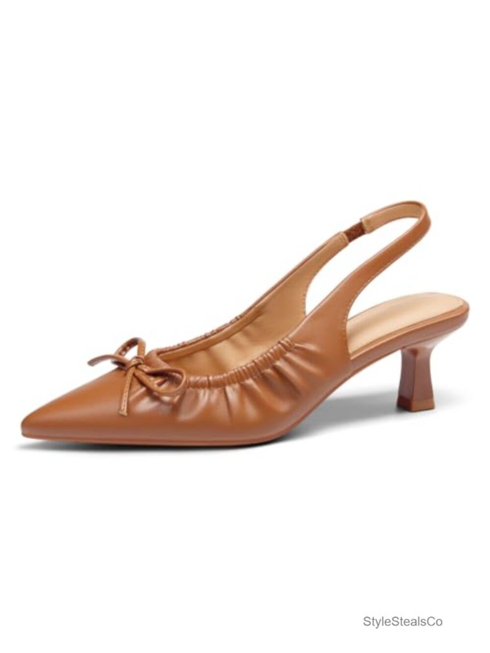 Coutgo Slingback Kitten Heels Faux Leather Pointed Toe Bow Pumps